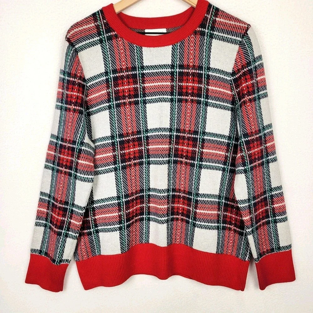 Charter Club Plaid Sweater Womens Size XL Red White Green Christmas Cozy